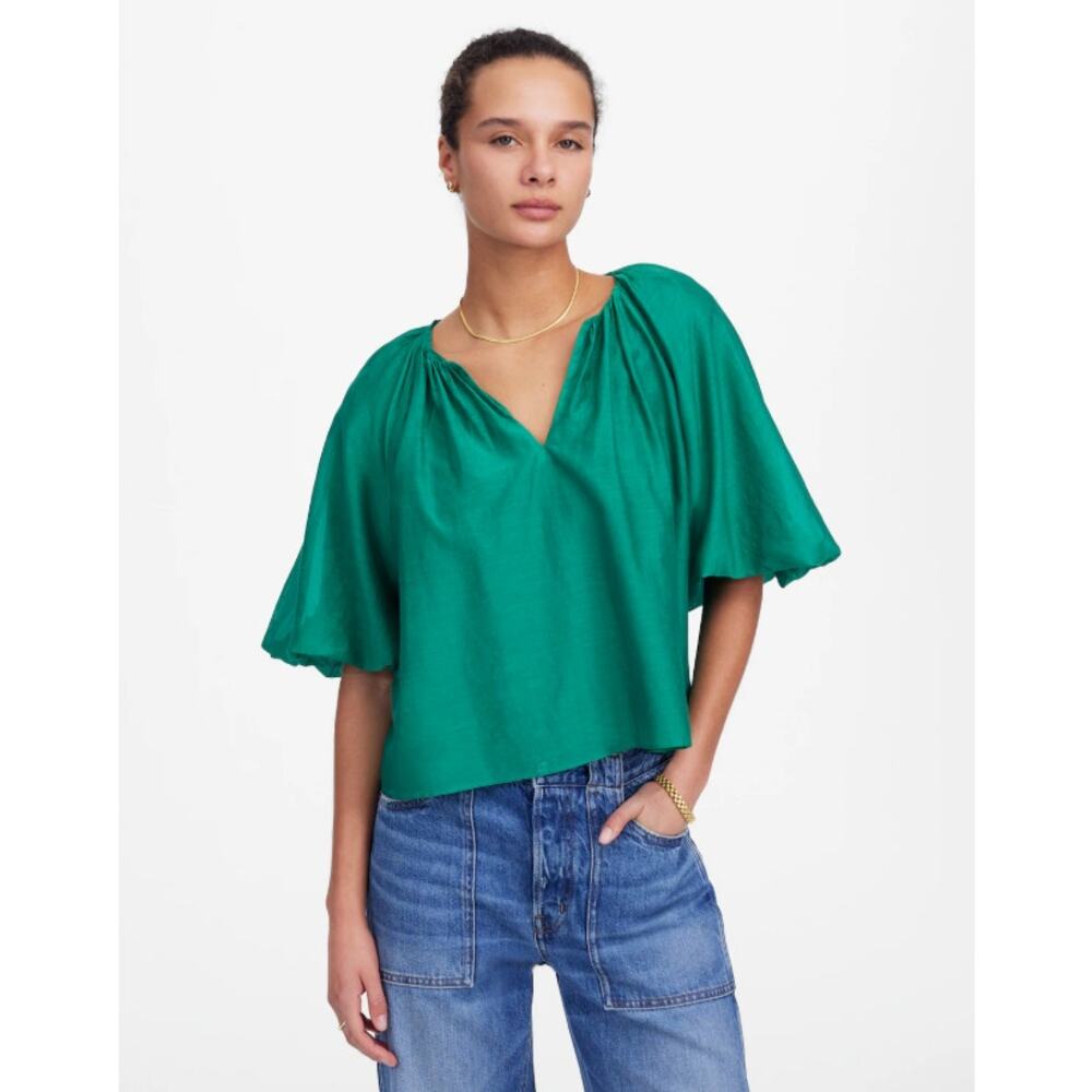 Madewell Bubble Sleeve Top Sz 8 Verdant Green Cotton Silk Split V-Neck Pullover